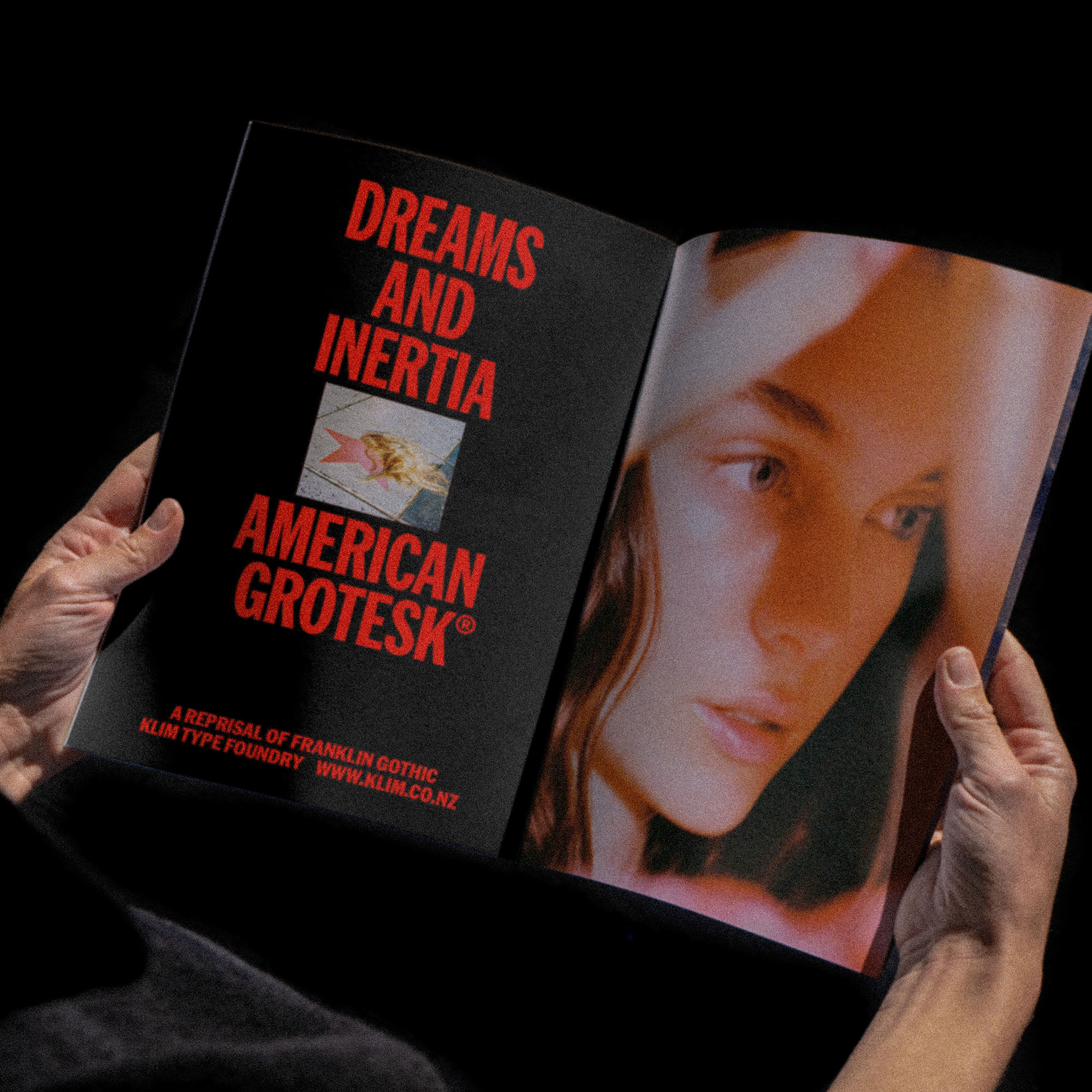Magazine spread of Klim Type Foundry's American Grotesk typeface campaign.