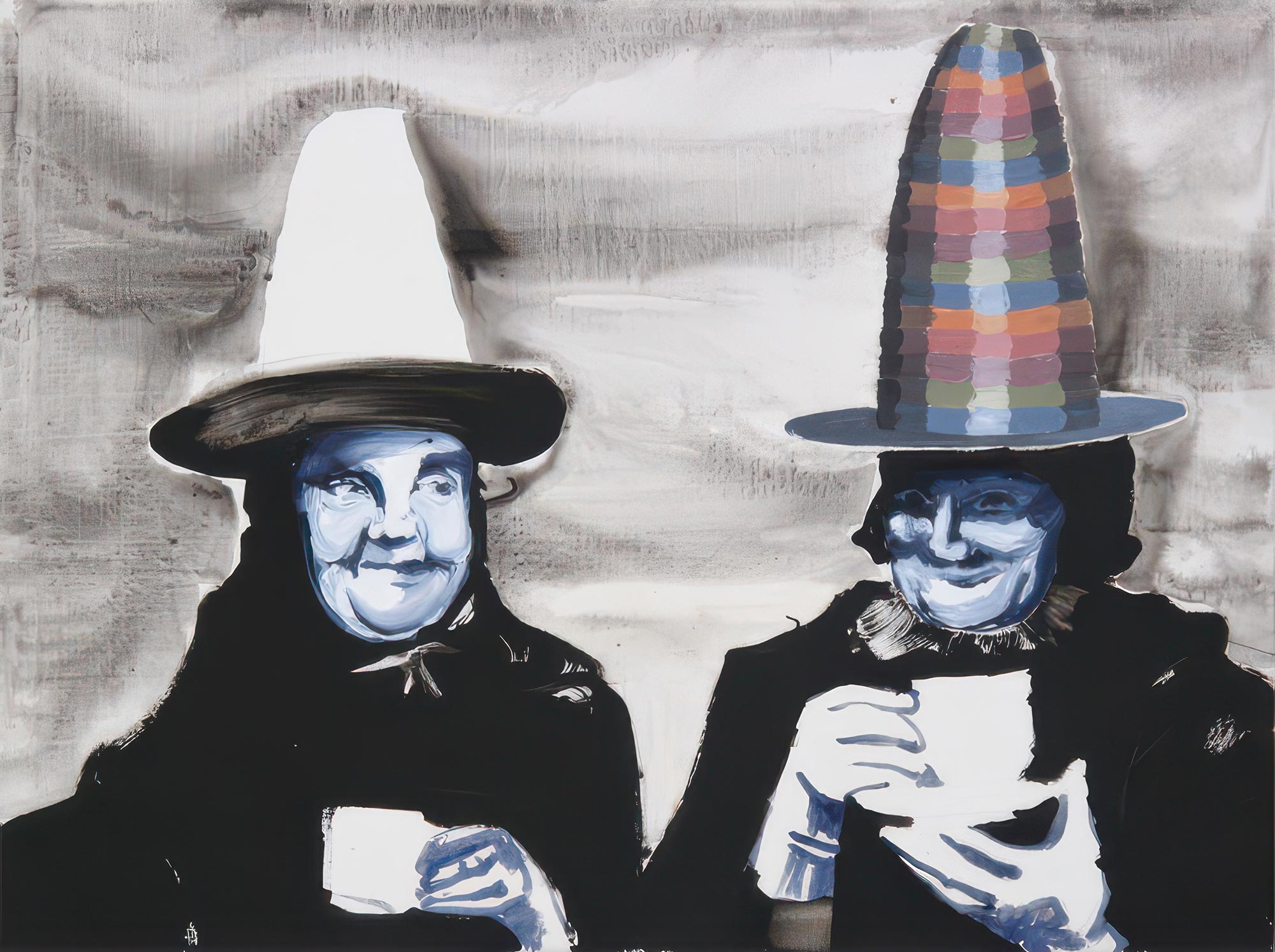 A Painting of two ladies with pointy hats drinking coffeee.