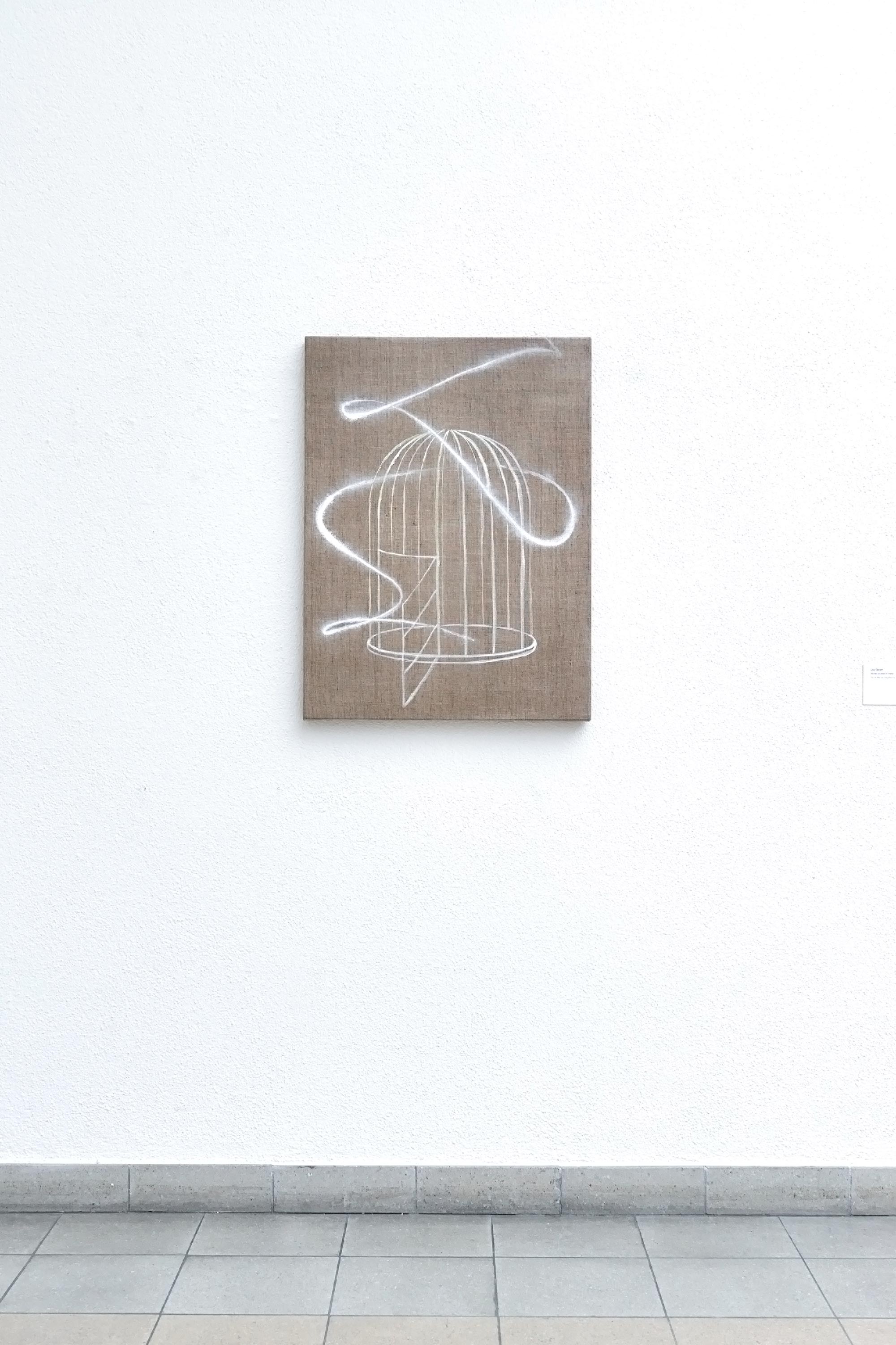 A Painting depicting a an empty bird cage hanging on the wall at Glarus Kunsthaus.