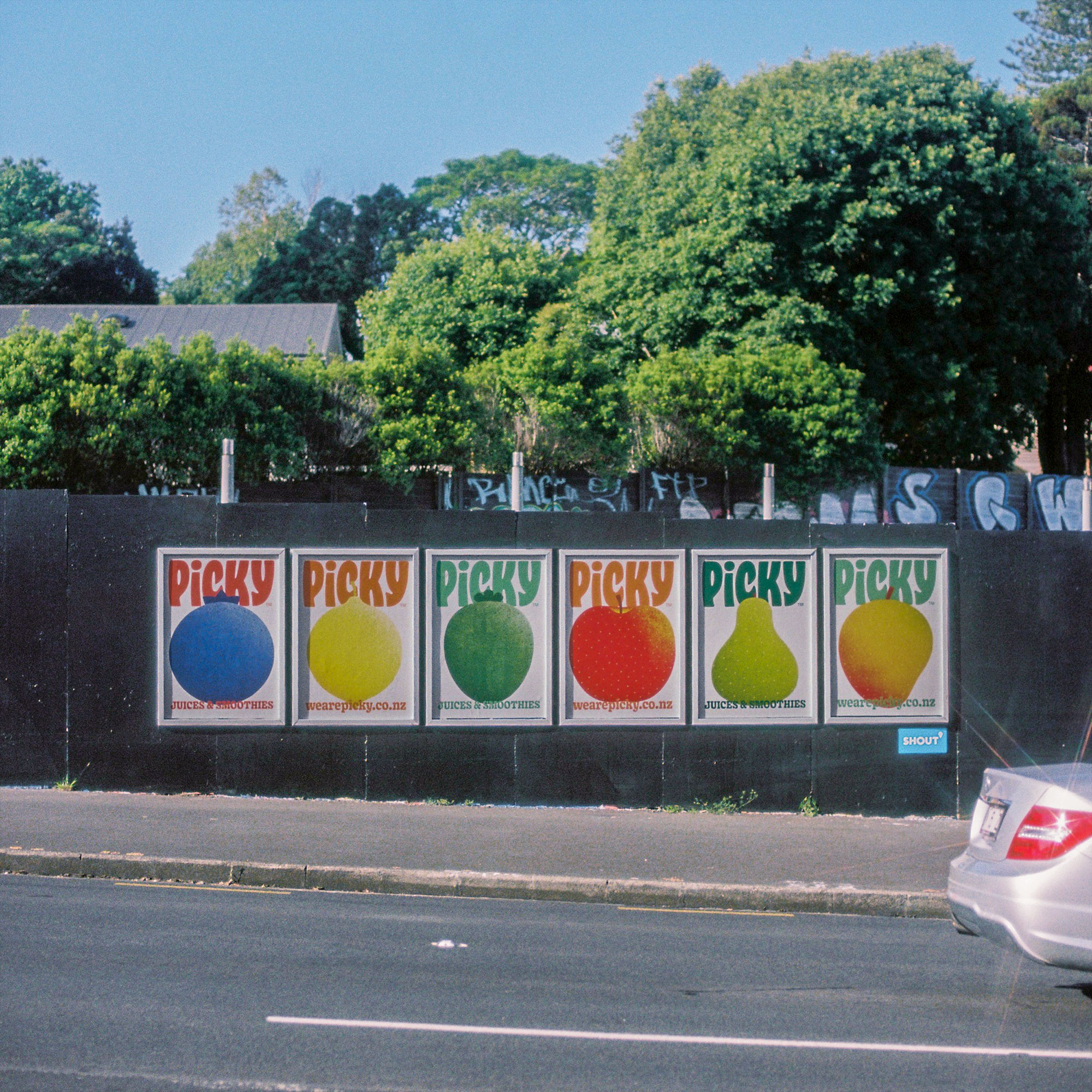 Picky's launch campaign, a row of six outdoor posters.